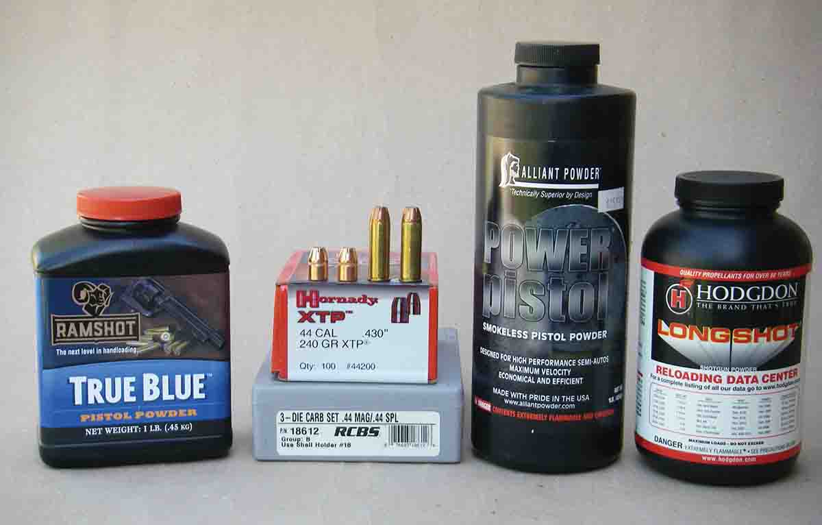 For midrange .44 Magnum handloads containing the Hornady 240-grain XTP bullet, Ramshot True Blue, Alliant Power Pistol and Hodgdon Longshot are top choices.